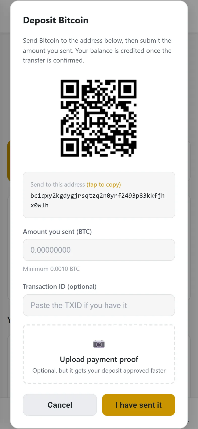 Bitcoin deposit screen on a phone with the platform wallet address, QR code and a field for the amount sent