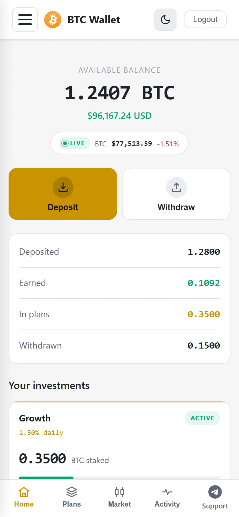 Bitcoin investment platform dashboard on a phone showing available balance, live BTC price, deposit and withdraw buttons and an active investment