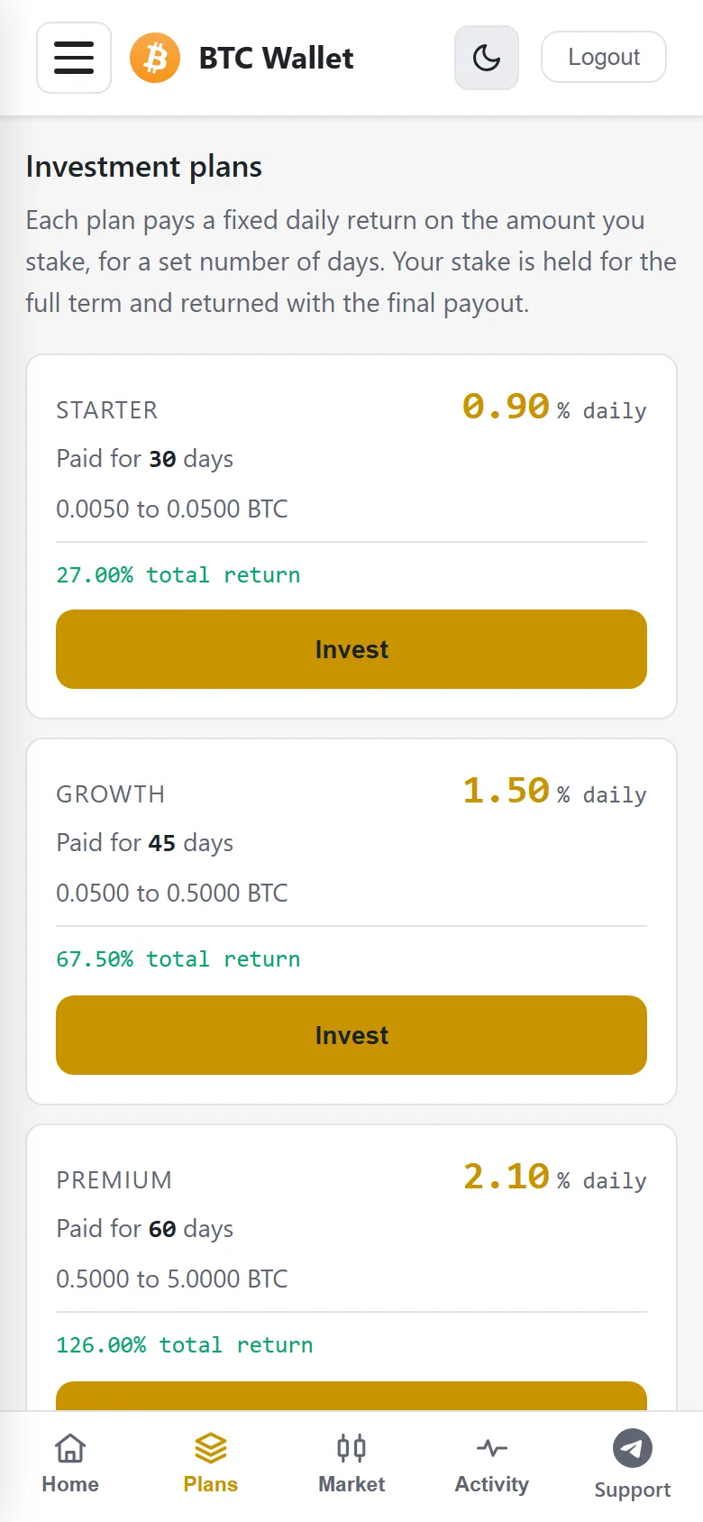 Investment plans on a phone listing each tier with its daily return percentage, term in days, amount band and total return