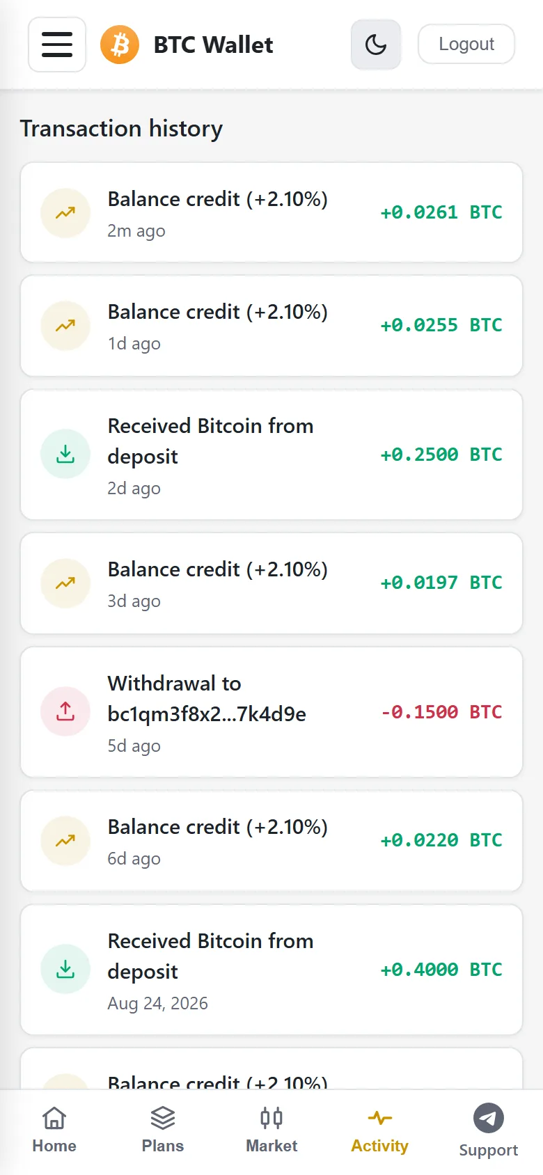 Transaction history on a phone showing deposits received, balance credits and withdrawals each with its own icon