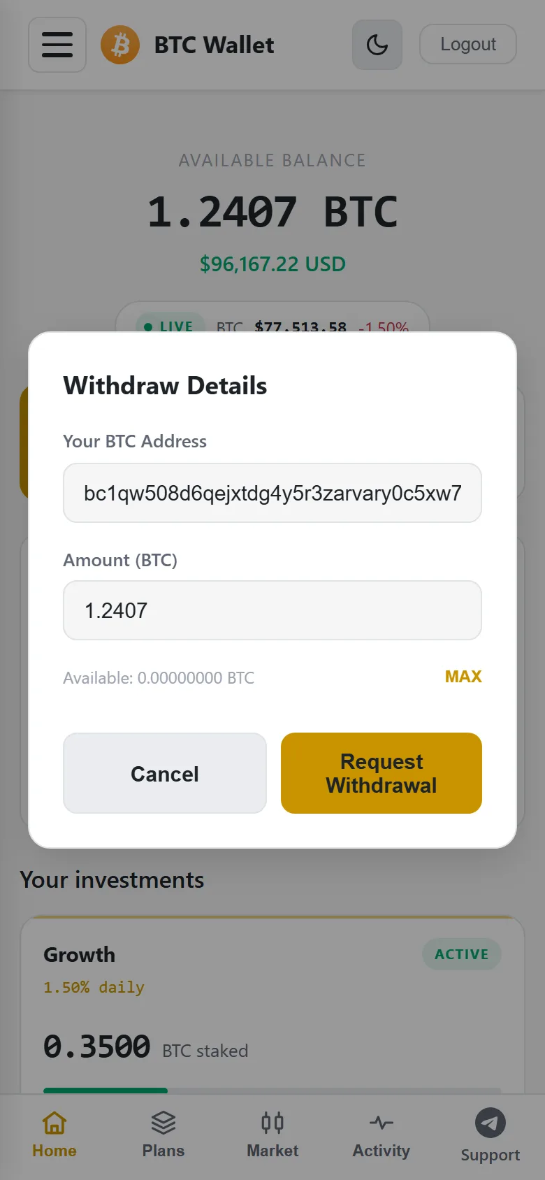 Bitcoin withdrawal request form on a phone with destination address, amount and a MAX shortcut