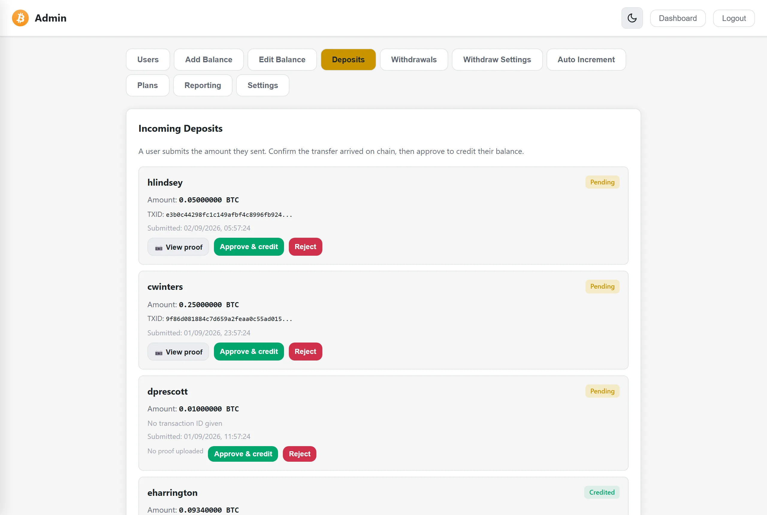 Admin deposit approval queue listing each incoming deposit with amount, transaction ID and approve or reject actions