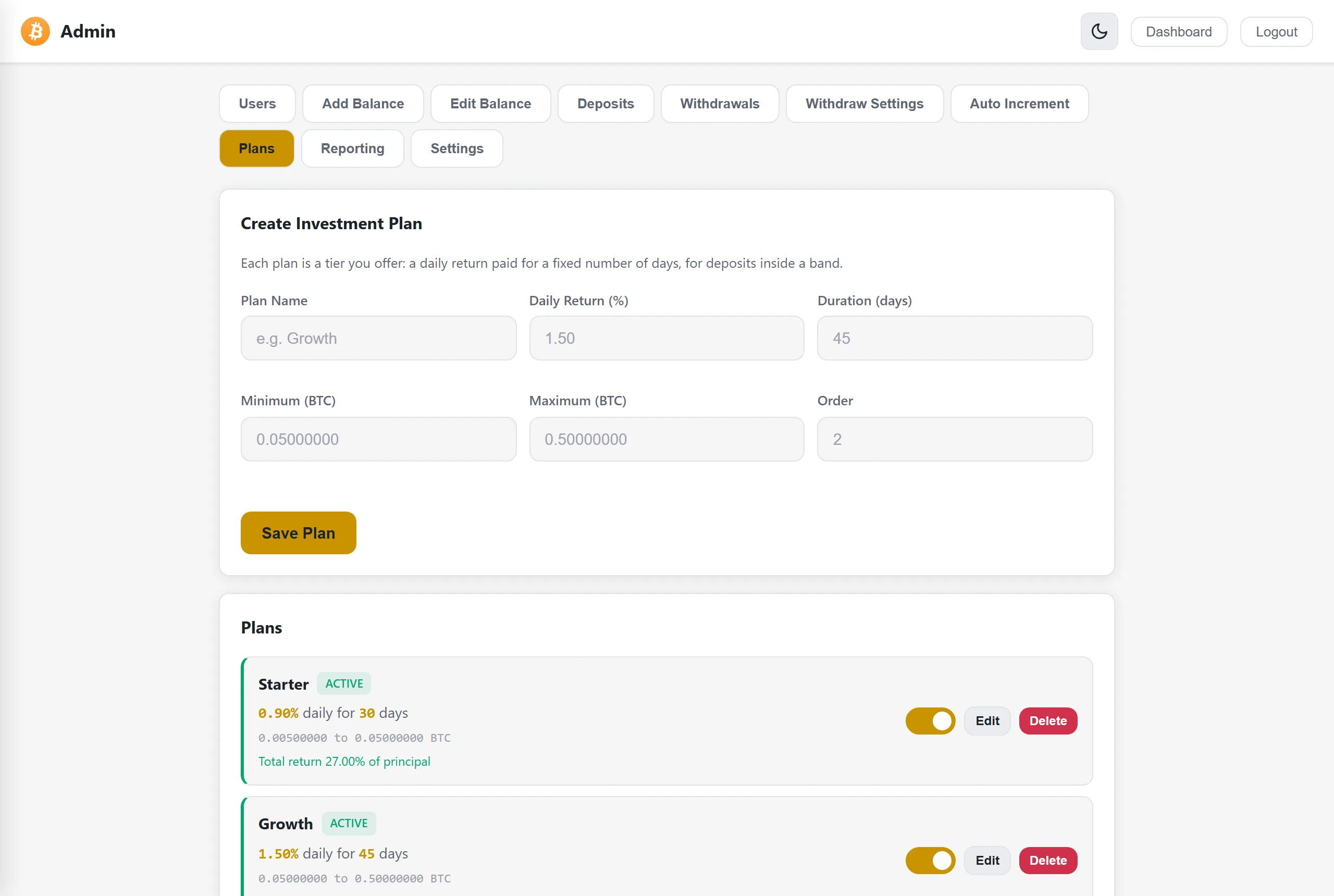 Admin investment plan builder with daily return percentage, duration in days and minimum and maximum stake fields