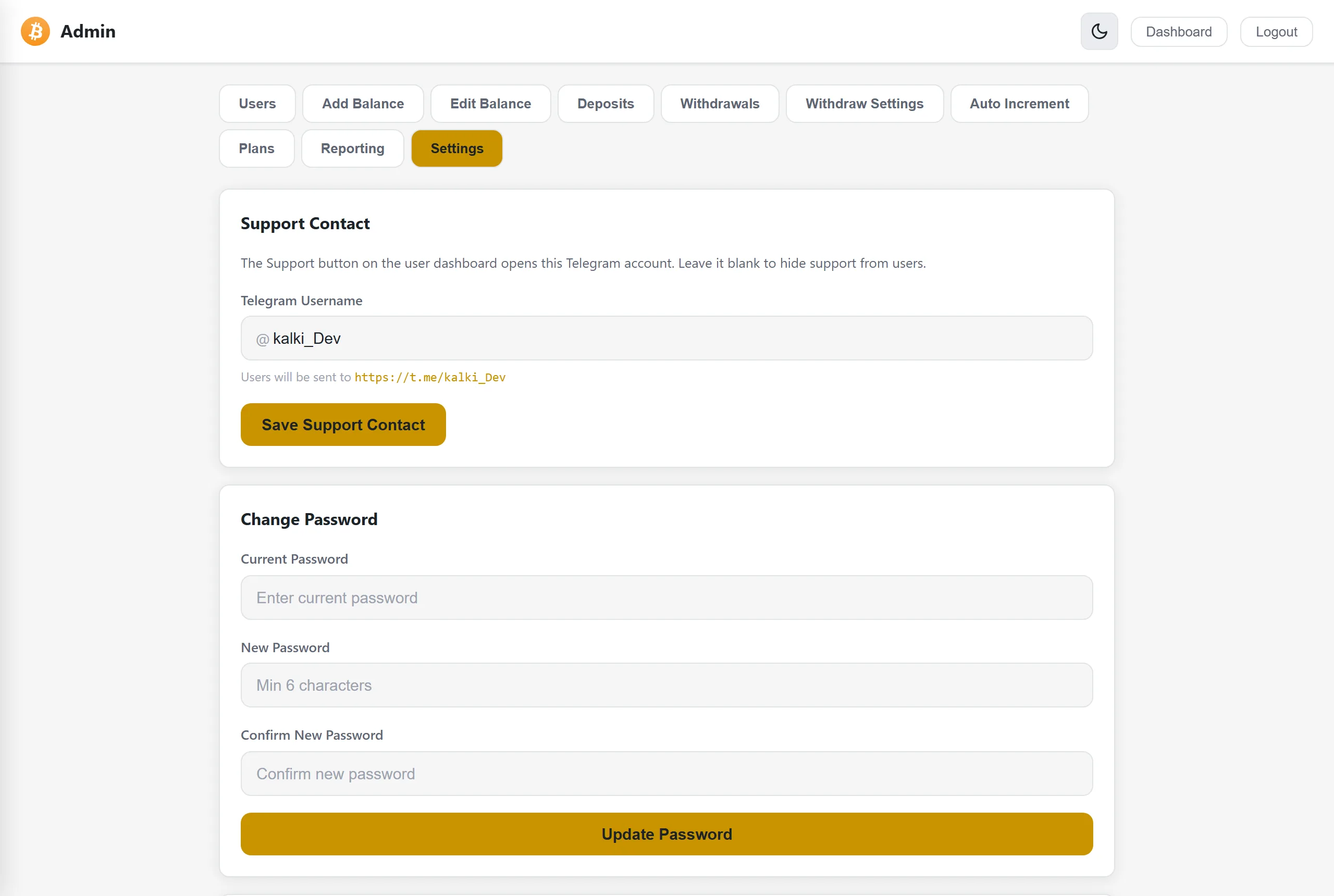 Admin security settings showing the password change form and two factor authentication enabled with TOTP