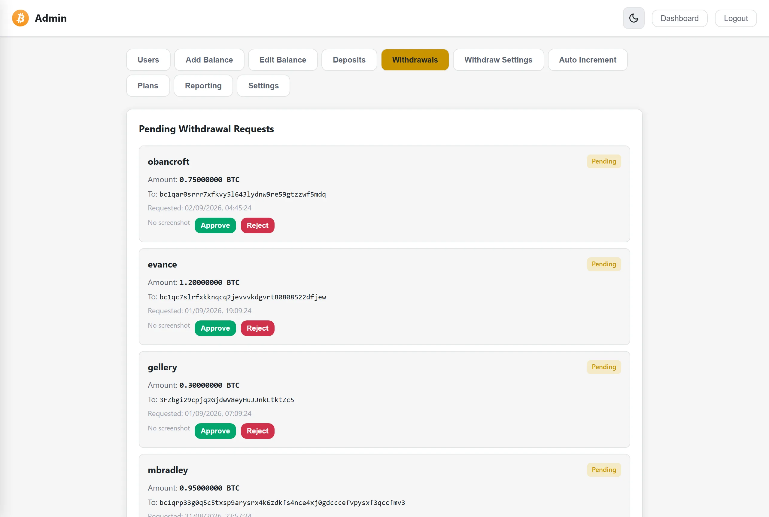 Admin withdrawal approval queue showing pending requests with username, BTC amount and destination wallet address